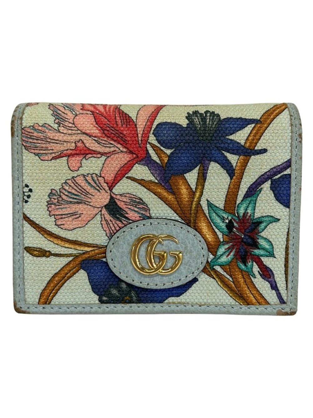 Gucci Bifold Wallet GG Marmont Flora Light Blue Pink Multi Leather